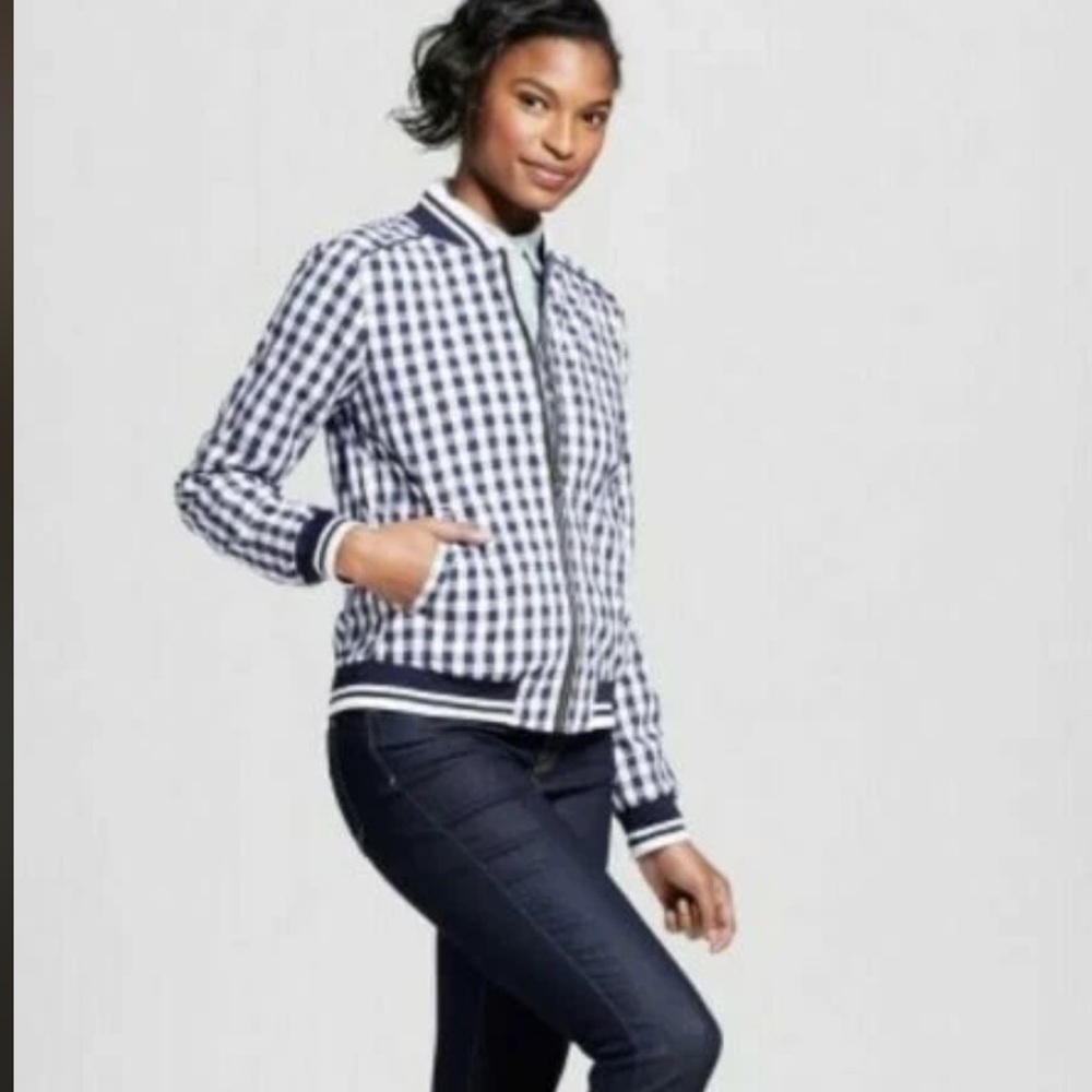 Gingham MERONA BomberJacket Navy & White Zip up Long Sleeve preppy checked Large